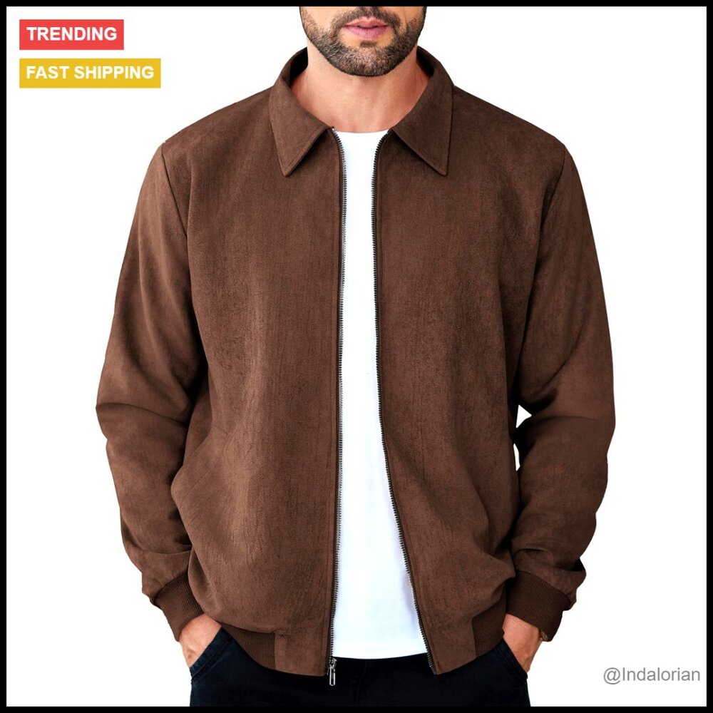 Vintage Faux Leather Bomber Jacket Lightweight Casual Suede Full Zip Up